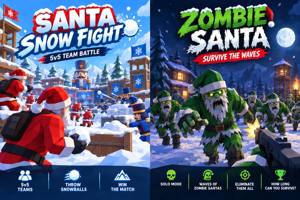 Santa Snowfight 5v5 team battle and Santa Zombies survival modes